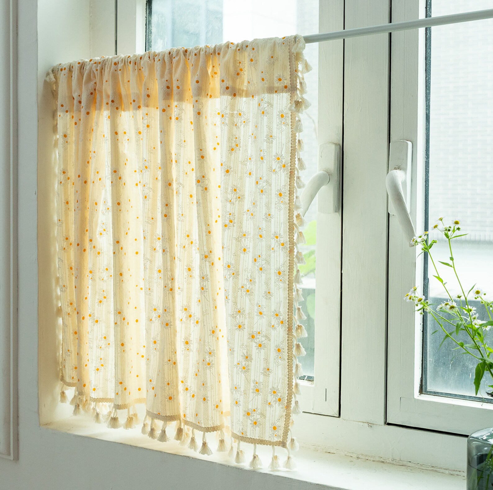 1 Panel Cotton Cafe Curtains Yellow White Daisies Flowers Etsy