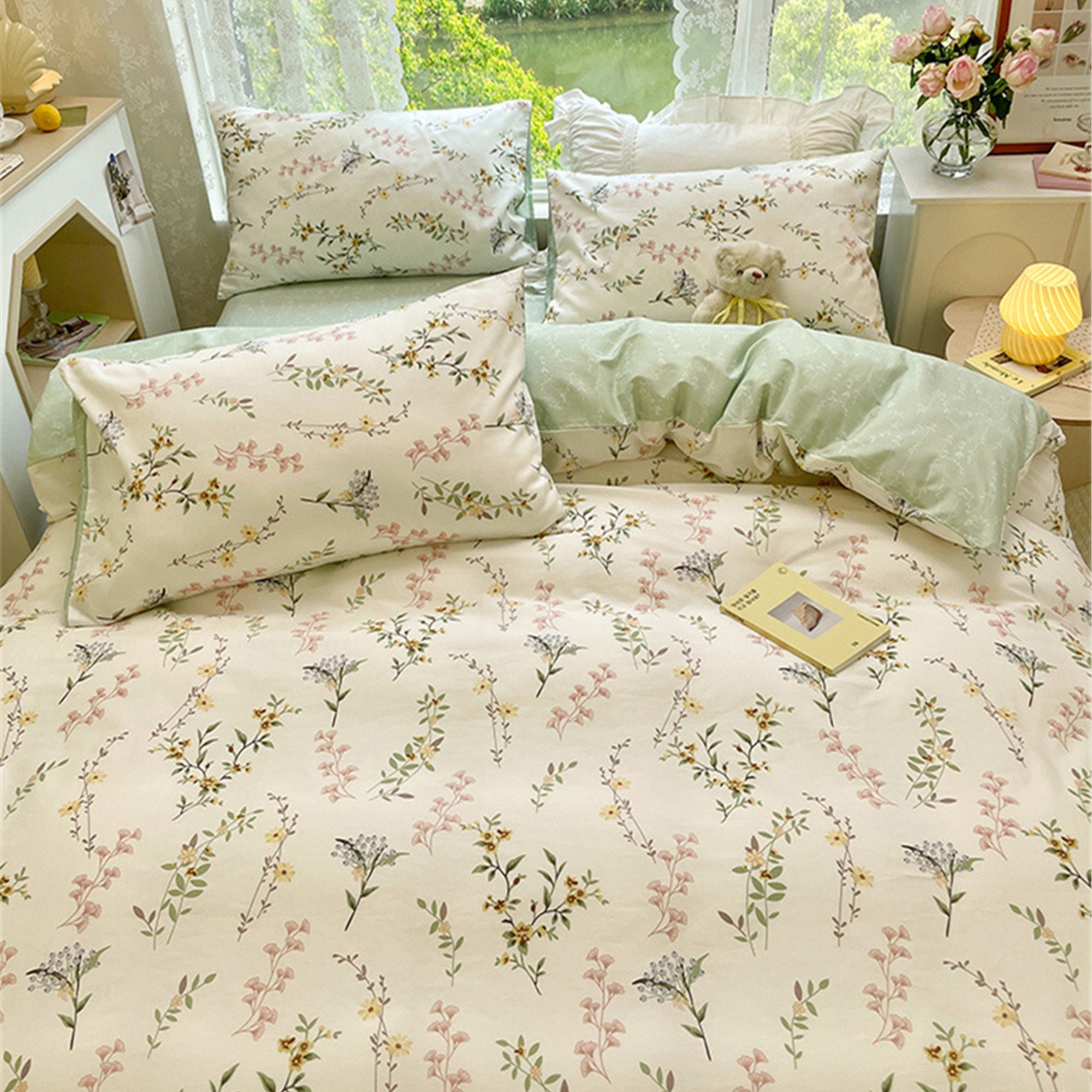 Green and Beige Floral Duvet Cover Set 100 Cotton Dorm Etsy