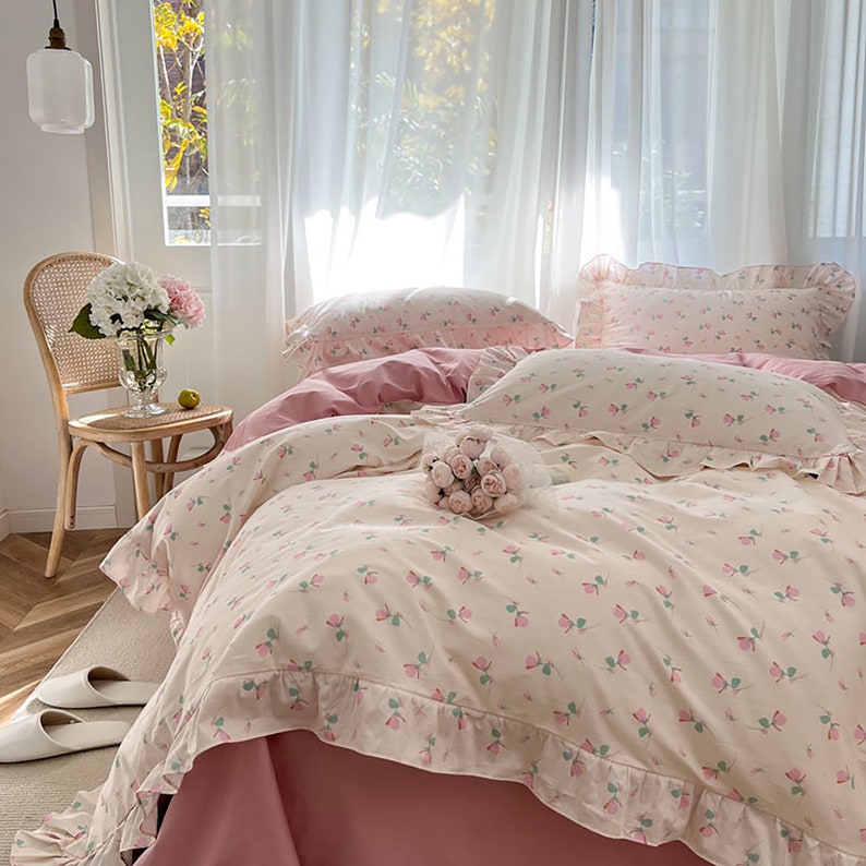 Elegant Ruffled Duvet Cover Set Pink Floral Duvet Cover Set Etsy