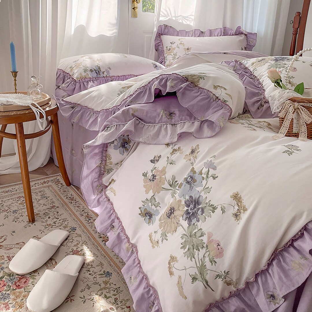Vintage Purple Floral Duvet Cover Set 100 Cotton Twin Full Etsy