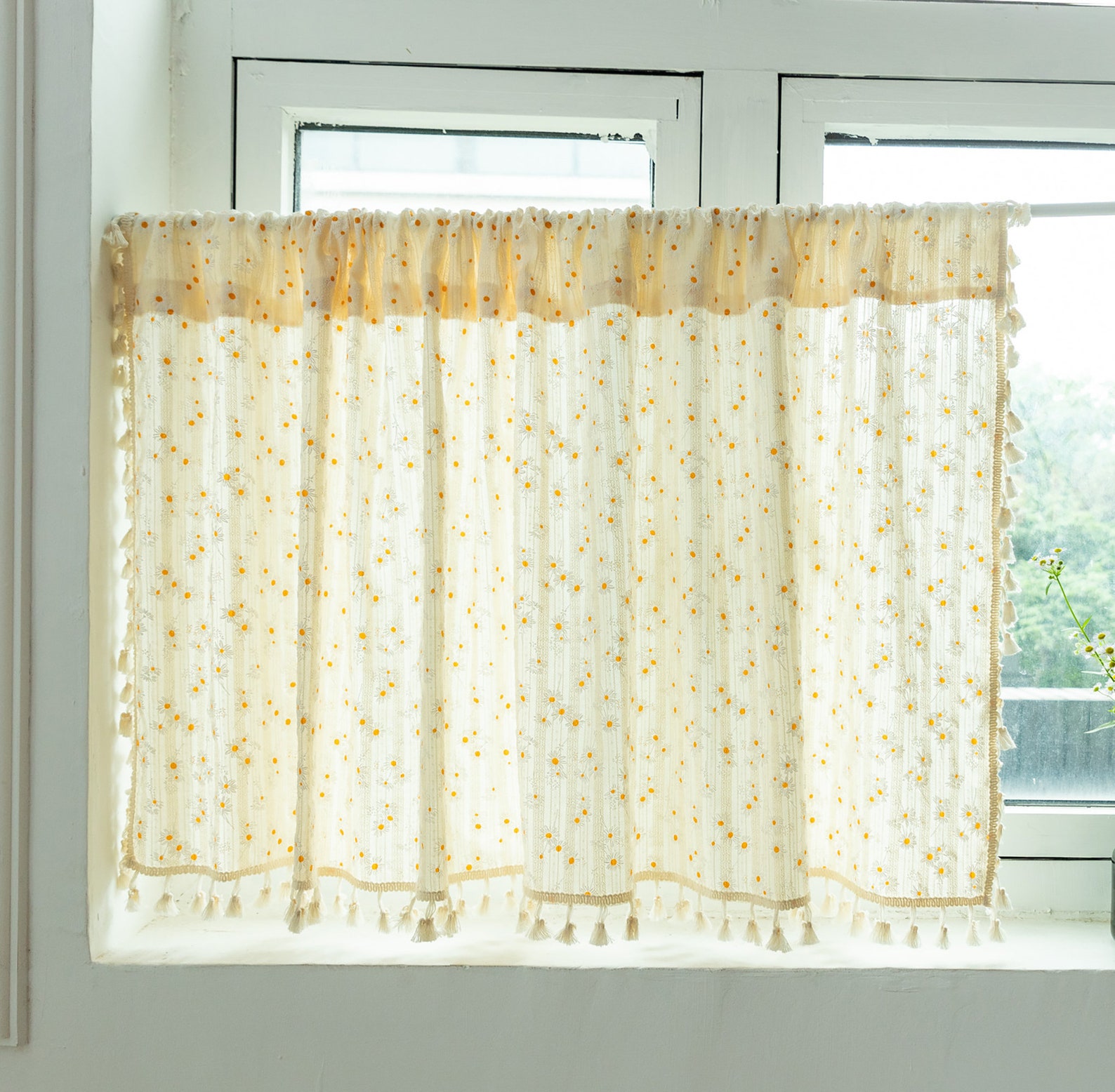 1 Panel Cotton Cafe Curtains Yellow White Daisies Flowers Etsy