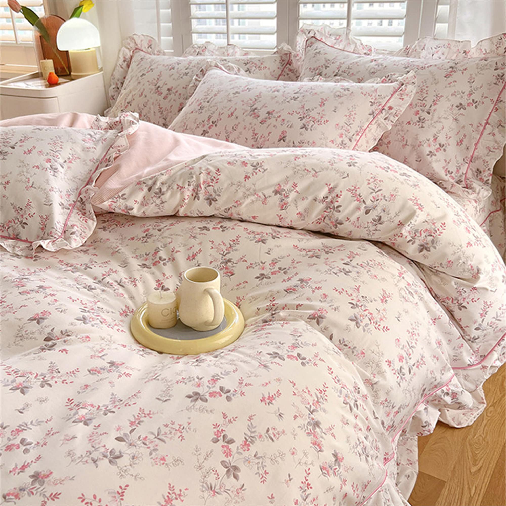 100 Cotton Pink Floral Duvet Cover Set Princess Style Ruffle Etsy