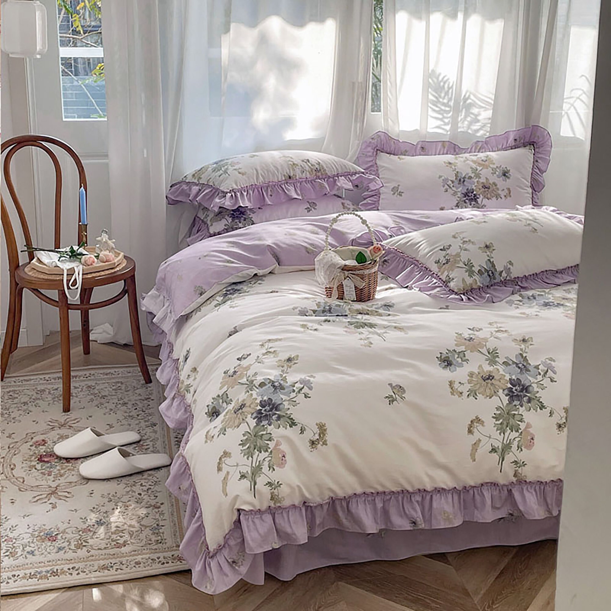 Vintage Purple Floral Duvet Cover Set 100 Cotton Twin Full Etsy