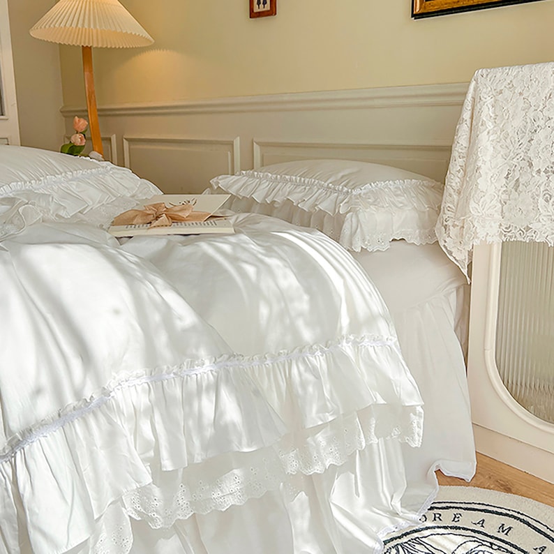 Pure White Lace Ruffle Duvet Cover 100 Cotton Duvet Cover Etsy