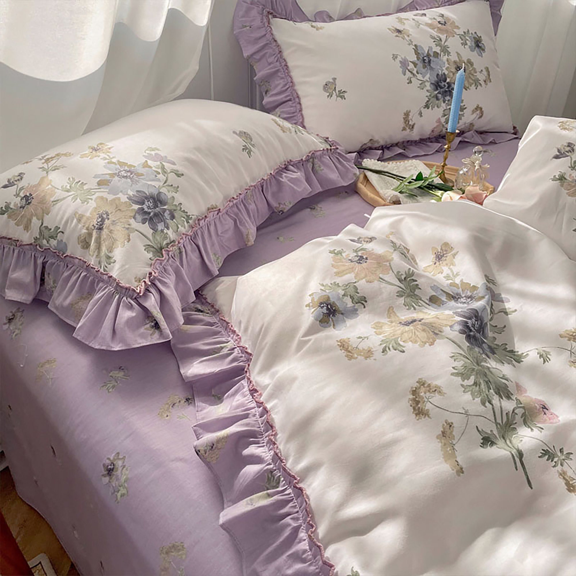 Vintage Purple Floral Duvet Cover Set 100 Cotton Twin Full Etsy
