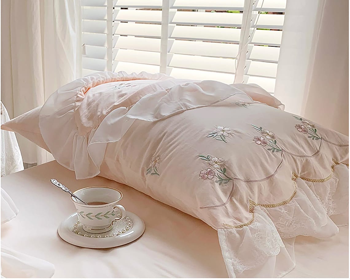 Pink Floral Embroidered Duvet Cover Set4pc Lace Ruffled Duvet Etsy