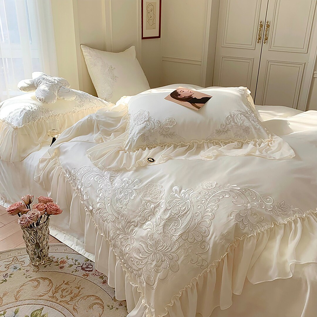 White Lace Duvet Cover Set Floral Embroidered Duvet Cover Etsy