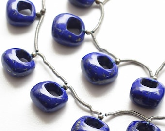 Natural Lapis Lazuli Smooth Cushion Shape Hoop Bead Natural Gemstone Face Drill Beads Line Strand  | Lapis Lazuli for Jewelry Supplies