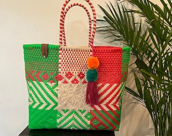 XL tote bag. Red, beige & green. 15/15/7 in. Beach bag, tote, waterproof bag