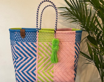 XL tote bag.  Blue, pink & green. Beach bag.