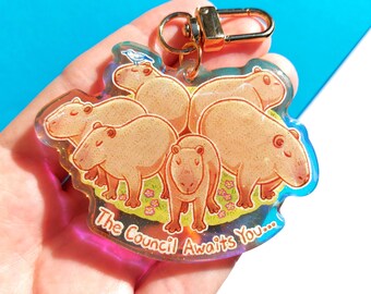 カピバラ協議会 レインボーアクリルグリッターエポキシキーホルダー | かわいいアクリルチャーム | 透明アクリルアクセサリー | かわいいげっ歯類キーホルダー