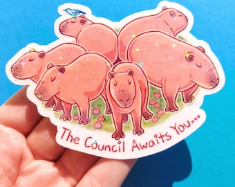 Sprankelende holografische vinylsticker Capybara Council