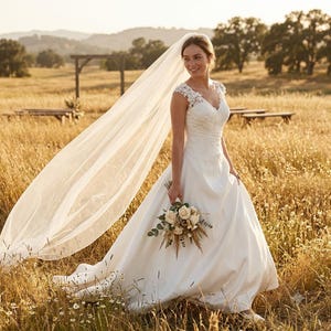 Peut inclure: Une robe de mariée blanche coupe trapèze avec un décolleté en V, des manches courtes et des détails en dentelle sur le corsage. La robe possède une jupe longue et est accompagnée d'un long voile transparent. Un bouquet de roses blanches est tenu.
