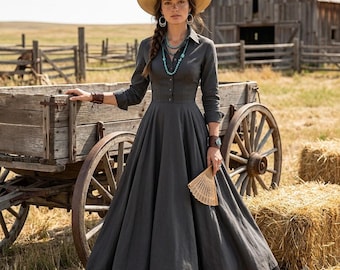 Personalized Prairie Maxi Dress, Vintage Button Down Dress, Cottagecore Western Dress, Long Sleeve Fall Dress with Pockets