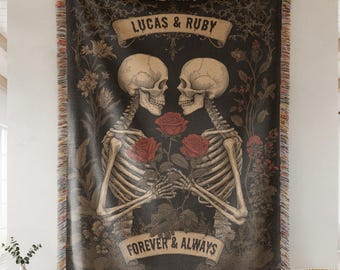 Personalized Skeleton Couple Woven Blanket, Gothic Anniversary Throw, Dark Romantic Wedding Gift, Custom Anniversary Woven Throw, Halloween