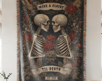 Personalized Skeleton Couple Woven Blanket, Gothic Anniversary Throw, Dark Romantic Wedding Gift, Custom Anniversary Woven Throw, Halloween