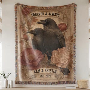 Personalized Raven Couple Woven Blanket, Custom Gothic Love Throw, Dark Romance Gift for Couples, Vintage Floral Crow Blanket with Names