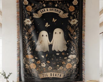 Personalized Ghost Couple Woven Blanket, Cute Goth Woven Throw, Custom Names & Date, Spooky Romantic Gift for Lovers, Halloween Couple Gifts