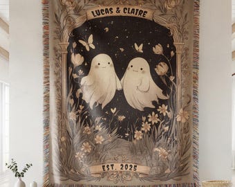 Personalized Ghost Couple Woven Blanket, Cute Goth Woven Throw, Custom Names & Date, Spooky Romantic Gift for Lovers, Halloween Couple Gifts