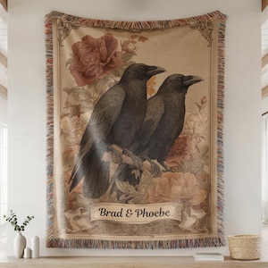 Personalized Raven Couple Woven Blanket, Custom Gothic Love Throw, Dark Romance Gift for Couples, Vintage Floral Crow Blanket with Names