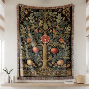 William Morris Tree of Life Woven Blanket, Elegant Botanical Art Throw with Pomegranates and Floral, Vintage Boho Decor, New House Tapestry