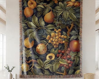 William Morris Inspired Fruit Woven Blanket, Fruit & Foliage Art Throw, Vintage Tapestry for Cottagecore and Boho Home Decor, New House Gift