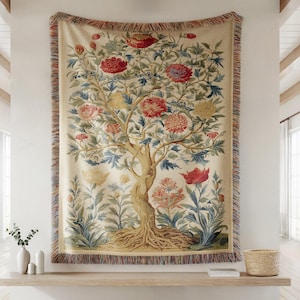 William Morris Tree of Life Inspired Woven Blanket, Floral Art Throw, Botanical Tapestry for Boho Cozy and Cottagecore Home Decor, Art Throw