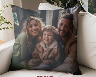 May include: Square pillow with a family portrait printed on both sides. The front of the pillow displays a smiling family of three. The back of the pillow also shows the same family. Text on the image reads "Graphic Printed on Both Sides" and "FRONT" and "BACK".