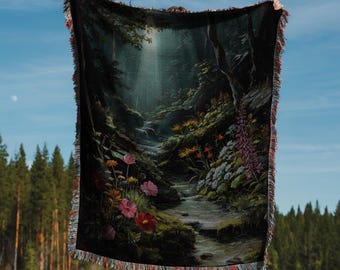 Camping Woven Blanket, Dark Forest Tapestry Throw, Cozy Nature Landscape Blanket, Cottagecore Boho Forest Home Decor, Gift for Dad, Grandpa