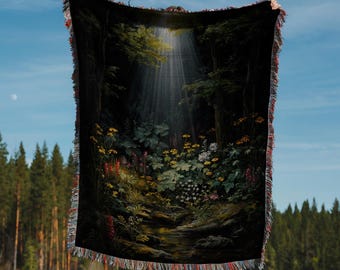 Camping Woven Blanket, Fishing Hiking Camping Throw Cozy Nature Landscape Blanket, Cottagecore Boho Forest Home Decor, Gift for Hiking Lover