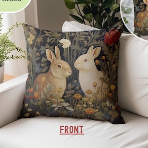 Rustic Rabbit Forest Pillow, William Morris Inspired Art, Woodland Home Decor, Nature Lover Gift, Sofa Cushion, Forest Bunny Decor Pillow