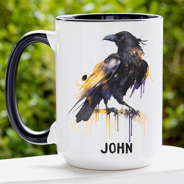 Personalized Raven Crow Coffee Mug, Raven Gifts, Crow Gift, Gothic Name Mug, Raven Cup, Black Bird, Bird Lover Gift, Gifts for Him, Dad Gift