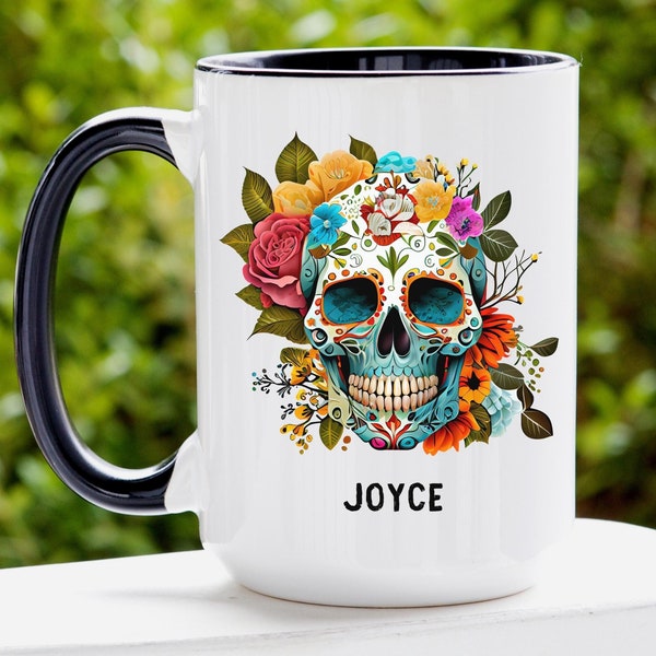 Sugar Flower Skull Mug, Personalized Sugar Skull Coffee Mug for Women, Personalized Skull Gifts, Sugar Skull Gifts for Christmas, Halloween
