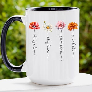 Custom Family Names with Birth Month Flower Mug, Birth Month Birth Flower Mug, Plant Mom Gift Custom Mom Mothers Day Mug, Grandma Garden Mug