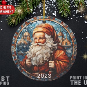Santa 2023 Ornament, 2023 Christmas Decoration, Holiday Gift Idea, Heirloom Keepsake, Round Ceramic, Bauble Present, Vintage Santa Ornament