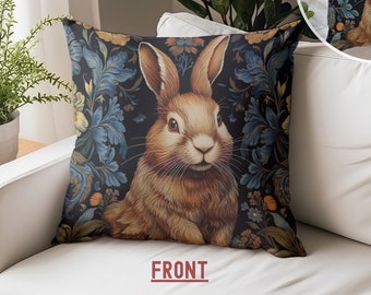 William Morris Bunny in Forest Pillow, Rabbit Decorative Pillow, Cottagecore Forestcore, Vintage Pillow, Morris Decor, Rustic Rabbit Pillow
