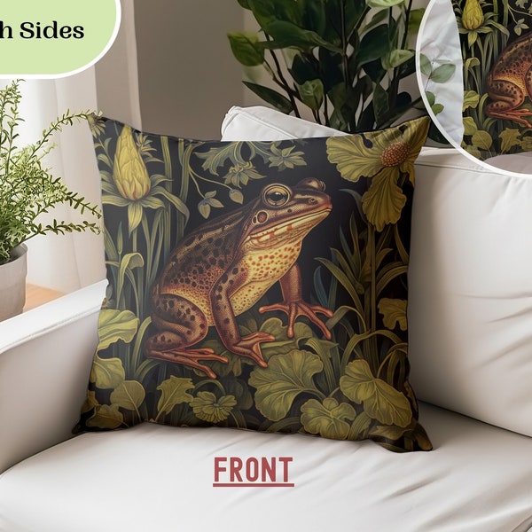 Forest Frog Decor Pillow, William Morris Inspired, Unique Woodland Theme, Gift for Frog Lover, Stylish Home Accent, William Morris Frog Art