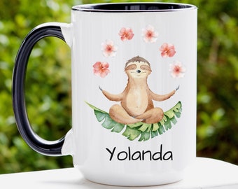 Yoga Sloth Mug, Personalized Sloth Coffee Cup, Custom Name Coffee Mug, Gift for Women, Yoga Sloth Lover Gifts, Sloth Mug, Personalized Gift