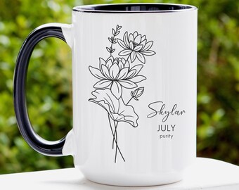 July Water Lily Birth Flower Mug, Custom Birth Flower Gift, Birth Flower Cup, Birth Flower Gift for Women, Month Flowers Personalized Gifts