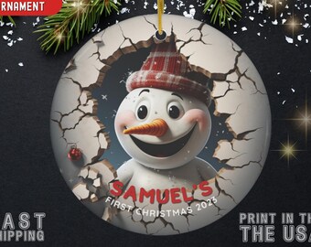 3D Snowman Baby First Christmas Ornament, Personalized Baby Christmas Ornament, Snowman with Name Ornament, Safari Baby Snowman Christmas