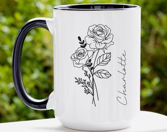 Personalized Mug with Name Gift for Mom, Custom Coffee Mug with Floral Design with Birth Flower Mug, Personalized Name for Bridesmaid Gift