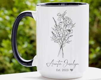 Auntie Flower Mug, Personalized Aunt Mugs, Custom New Auntie Mug, Auntie Birthday Gift, Pregnancy Announcement Cup, Promoted to Auntie Gifts