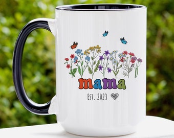 Custom Flower Name Mug, Gift for New Mother, Custom New Mama Gifts, Mom Birthday Gift, Floral Mug, Personalized New Mama Mug Pregnancy Gift
