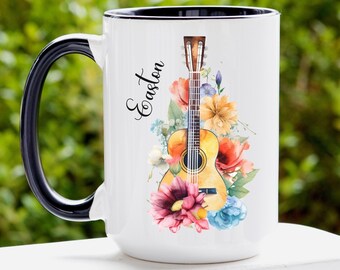 Guitar Mug, Custom Name Guitar Coffee Mug, Personalized Musician Mug, Guitar Lover Gift, Music Teacher Mug, Band Student Gift, Pianist Gift