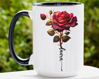 Personalized Rose Mug, Rose Coffee Mug, Rose Coffee Cup, Custom Name Gifts, Rose Gifts for Her, Watercolor Rose Personalized Gifts for Women
