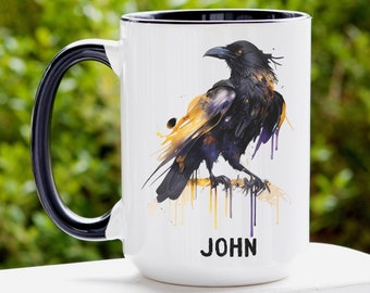 Personalized Raven Crow Coffee Mug, Raven Gifts, Crow Gift, Gothic Name Mug, Raven Cup, Black Bird, Bird Lover Gift, Gifts for Him, Dad Gift