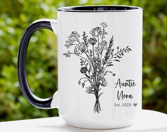Personalized Auntie Mug, Aunt Mugs, Custom New Aunt Flower Mug, Auntie Birthday Gift, Pregnancy Announcement Cup, Promoted to Auntie Gifts