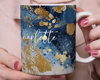 Blue Marble Personalised Mug, Custom Name Cup, Coffee Tea Cup Gift for Her, Valentines Gift for Her Him, Sister Mum Birthday Christmas Gifts