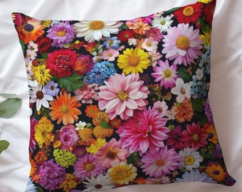 Colorful Wildflower Pillow, Spring Floral Cushion Cover, Cottagecore Home Décor, Housewarming Gift, Garden Flowers Pillowcase Gift for Her