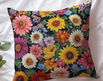 Sunflower Pillow Cover, Spring Flower Pillow, Floral Accent Cushion Cover, Cottagecore Home Décor, Colorful Garden Flowers Pillowcase Gift